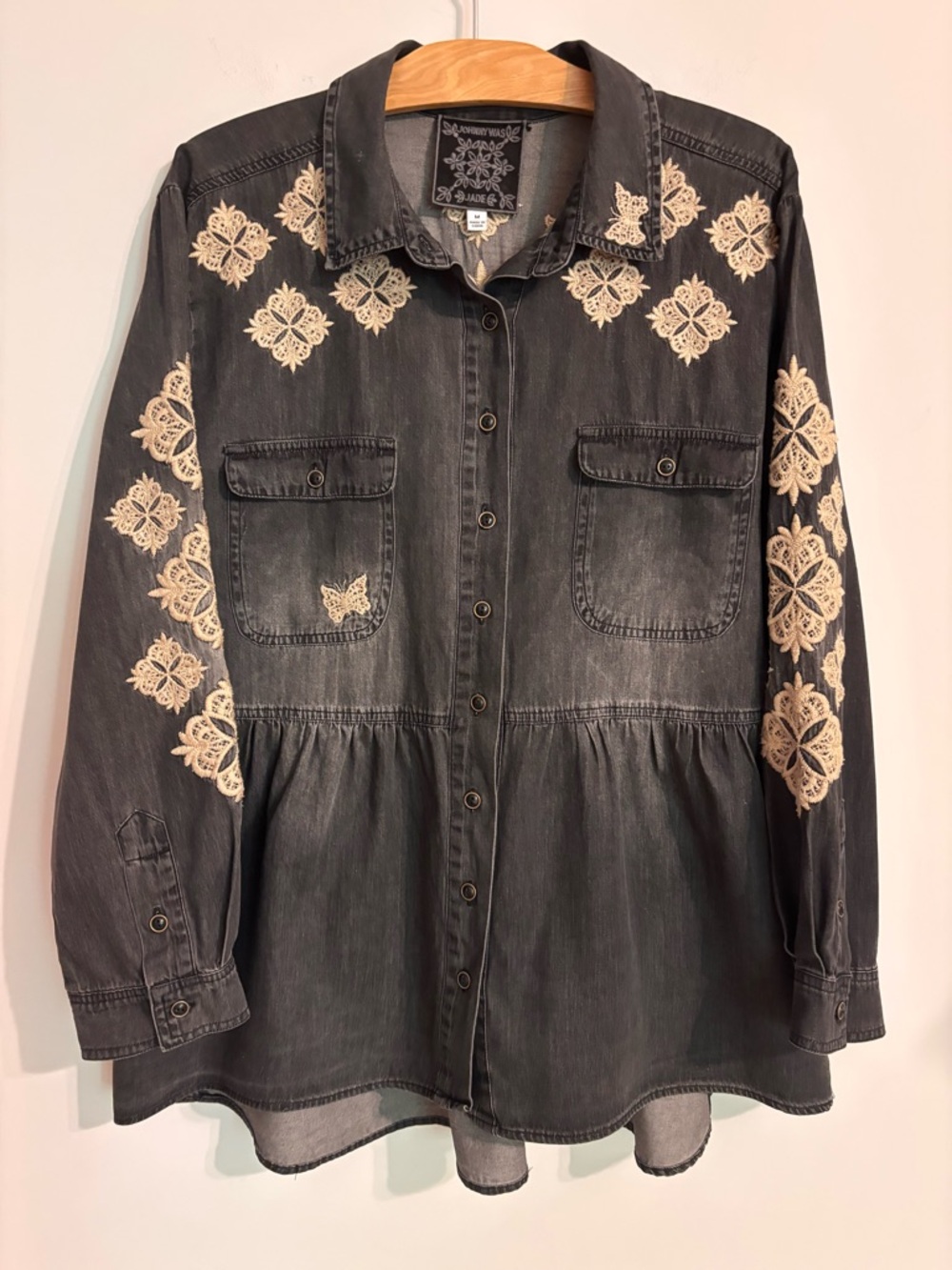 Johnny Was Nichelle embroidered black denim button-down blouse
